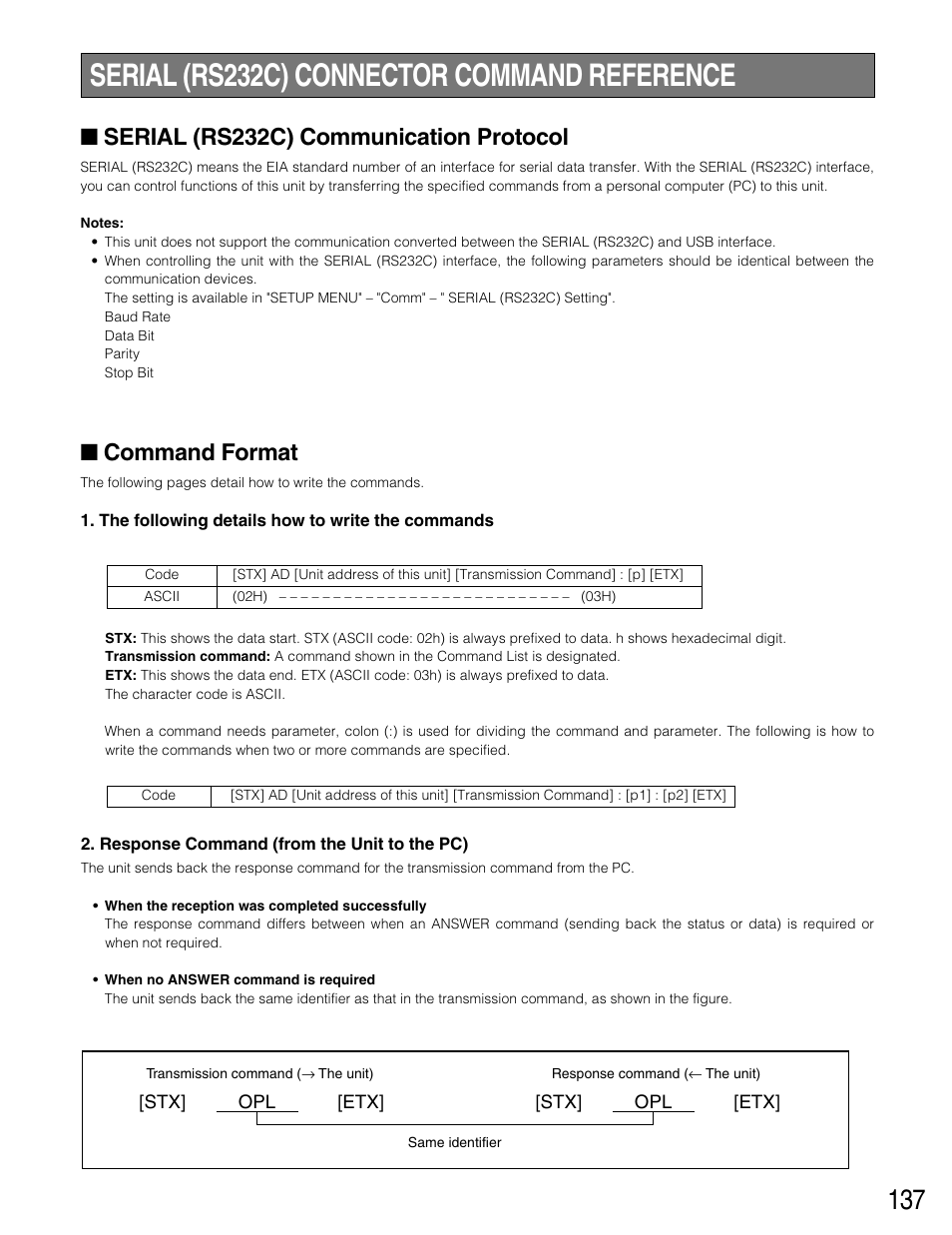 Serial (rs232c) connector co, Serial (rs232c) communicatio, Command format | Serial (rs232c) connector command reference, Serial (rs232c) communication protocol | Panasonic WJ-HD316 User Manual | Page 137 / 160