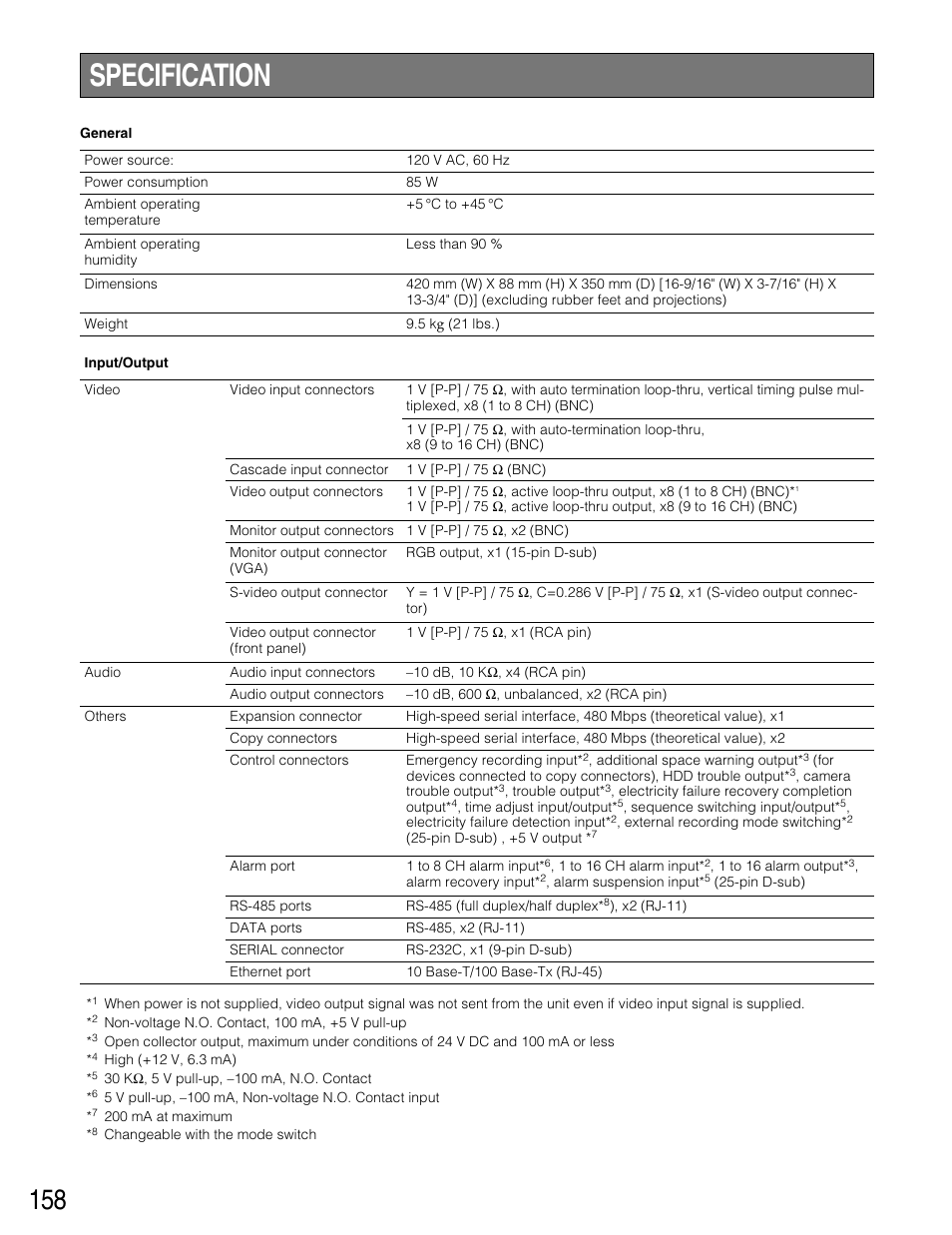 Specification | Panasonic WJ-HD316 User Manual | Page 158 / 160