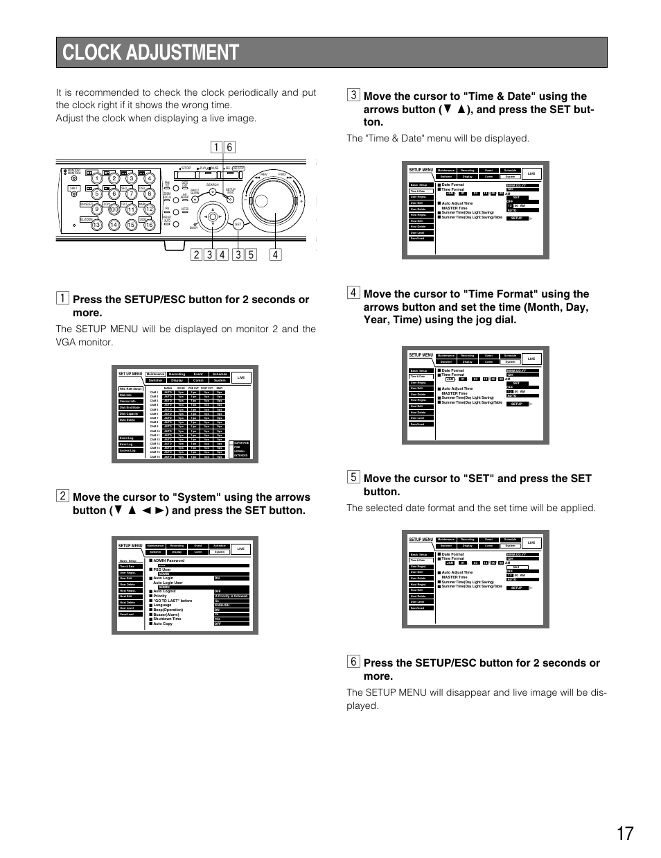 Clock adjustment, Zn cb v xcv, Press the setup/esc button for 2 seconds or more | Move the cursor to "set" and press the set button, The "time & date" menu will be displayed | Panasonic WJ-HD316 User Manual | Page 17 / 160