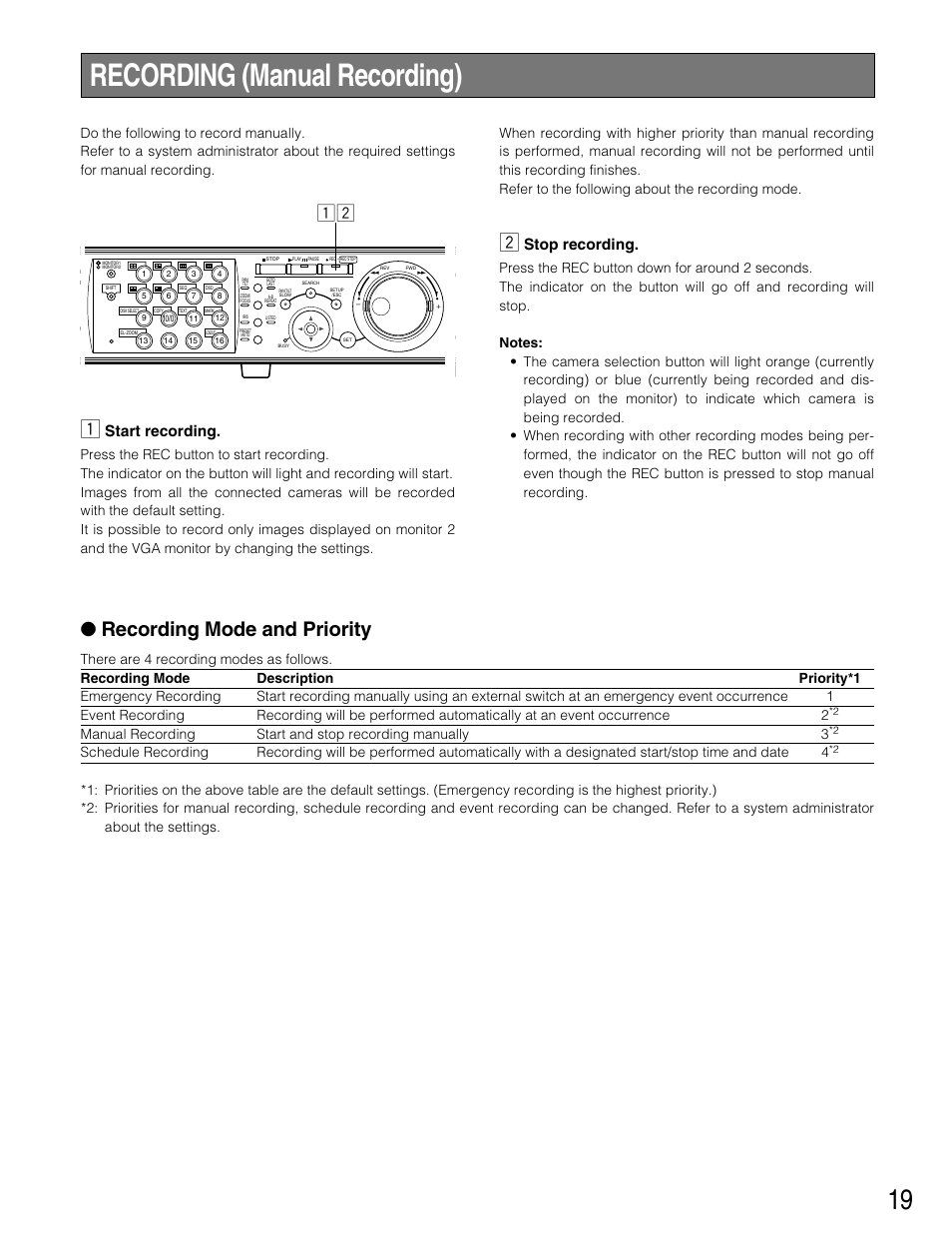 Recording (manual recording), Recording mode and priority, Stop recording | Start recording | Panasonic WJ-HD316 User Manual | Page 19 / 160