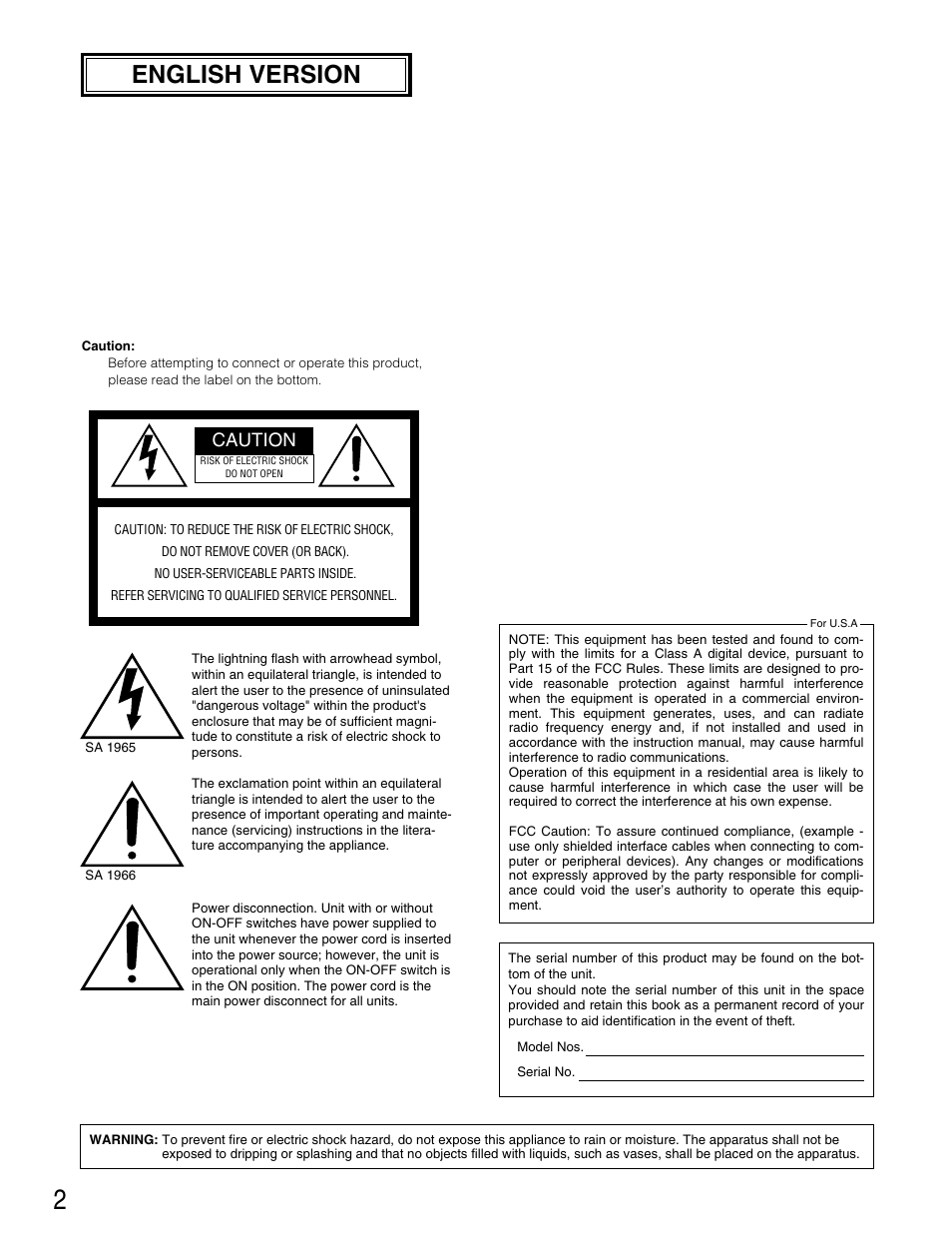 English version, Caution | Panasonic WJ-HD316 User Manual | Page 2 / 160
