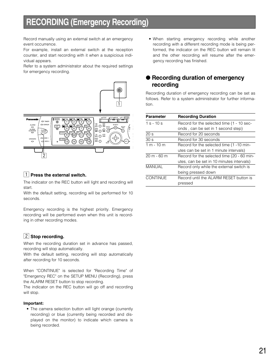 Recording (emergency recordi, Recording (emergency recording), Recording duration of emergency recording | Press the external switch, Stop recording | Panasonic WJ-HD316 User Manual | Page 21 / 160