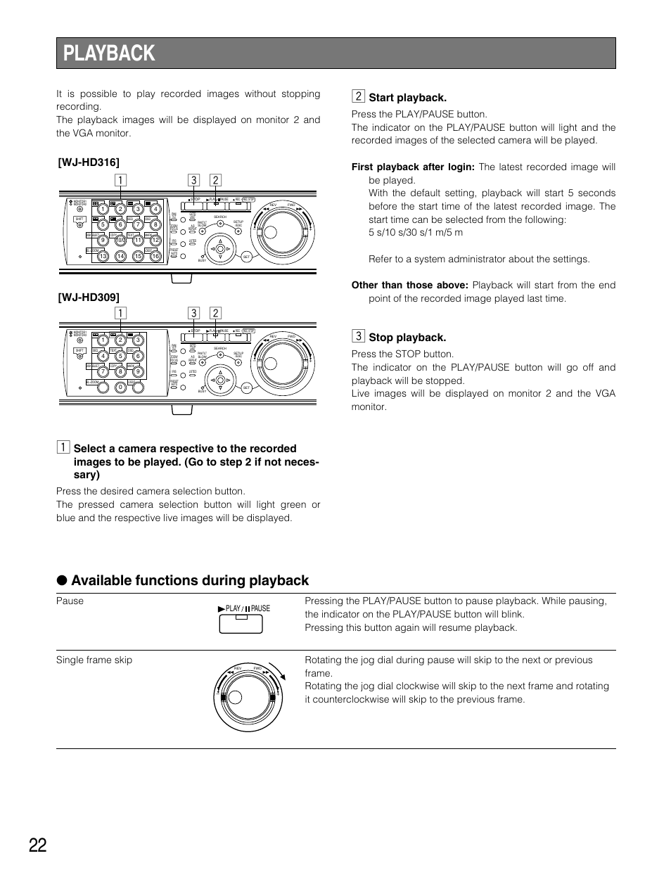 Playback, Available functions during playback, Start playback | Stop playback, Wj-hd316, Wj-hd309, Play pause | Panasonic WJ-HD316 User Manual | Page 22 / 160