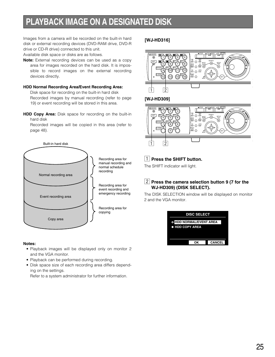 Playback image on a designat, Playback image on a designated disk, Zx z x | Press the shift button, Wj-hd316, Wj-hd309, The shift indicator will light, Disc select | Panasonic WJ-HD316 User Manual | Page 25 / 160