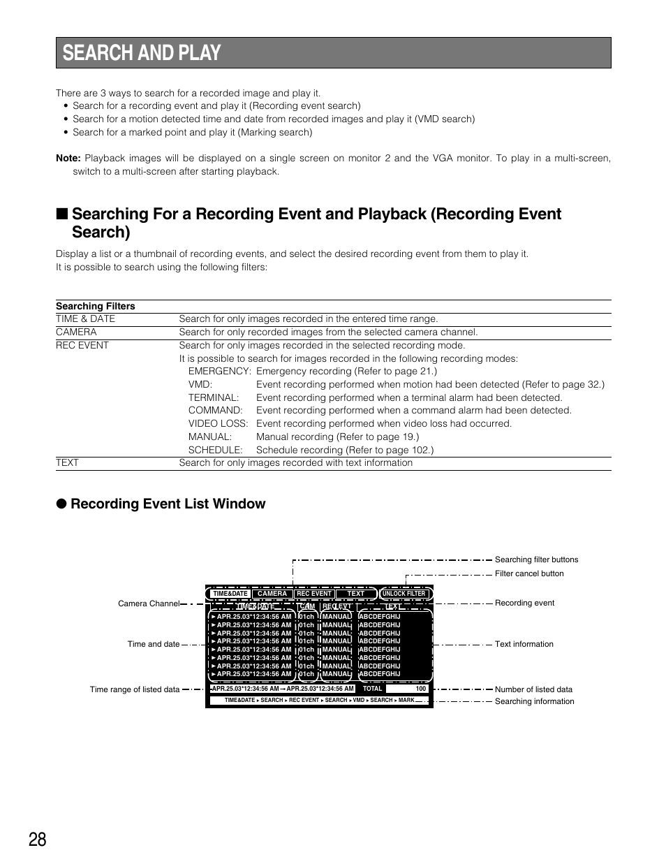 Search and play, Searching for a recording e, Searching for a recording event and playback | Recording event search), Recording event list window | Panasonic WJ-HD316 User Manual | Page 28 / 160