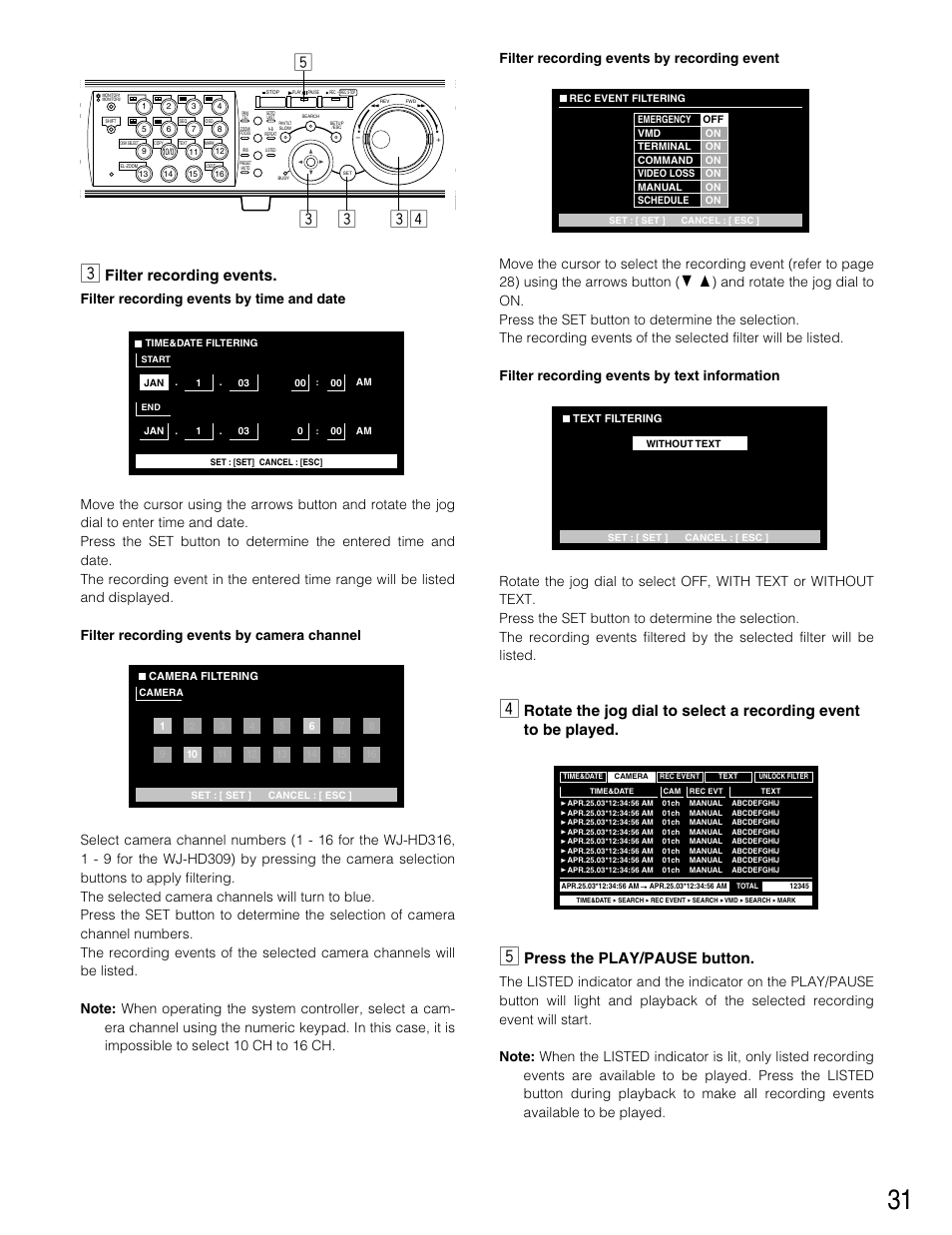 Bcv c c, Filter recording events, Press the play/pause button | Panasonic WJ-HD316 User Manual | Page 31 / 160