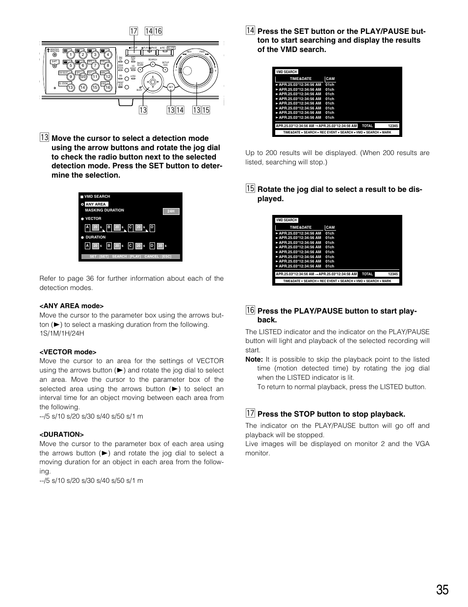 Press the play/pause button to start play- back, Press the stop button to stop playback | Panasonic WJ-HD316 User Manual | Page 35 / 160