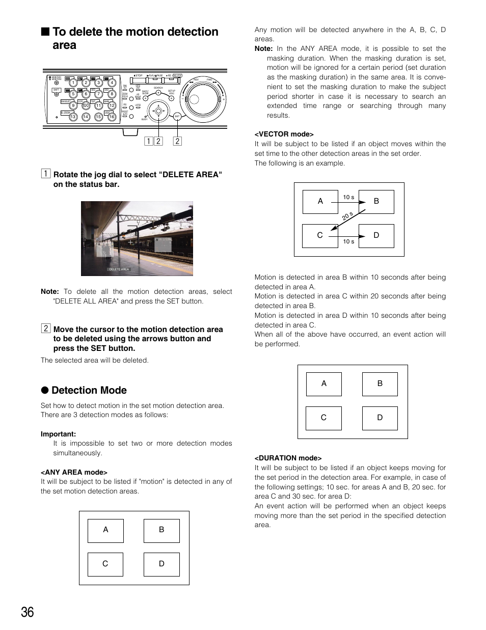 To delete the motion detect, To delete the motion detection area, Detection mode | Zx x, Ab c d, The selected area will be deleted | Panasonic WJ-HD316 User Manual | Page 36 / 160