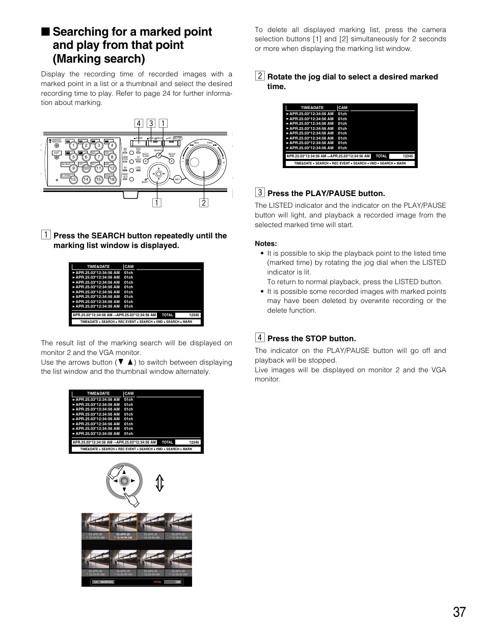 Searching for a marked poin, Searching for a marked point and play from that, Point (marking search) | Xz z c v, Press the play/pause button, Press the stop button | Panasonic WJ-HD316 User Manual | Page 37 / 160