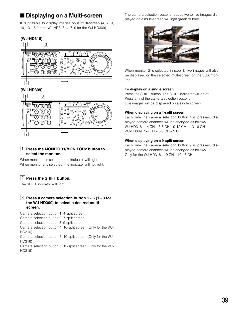 Displaying on a multi-screen, Press the shift button, Wj-hd316 | Wj-hd309, The shift indicator will light | Panasonic WJ-HD316 User Manual | Page 39 / 160