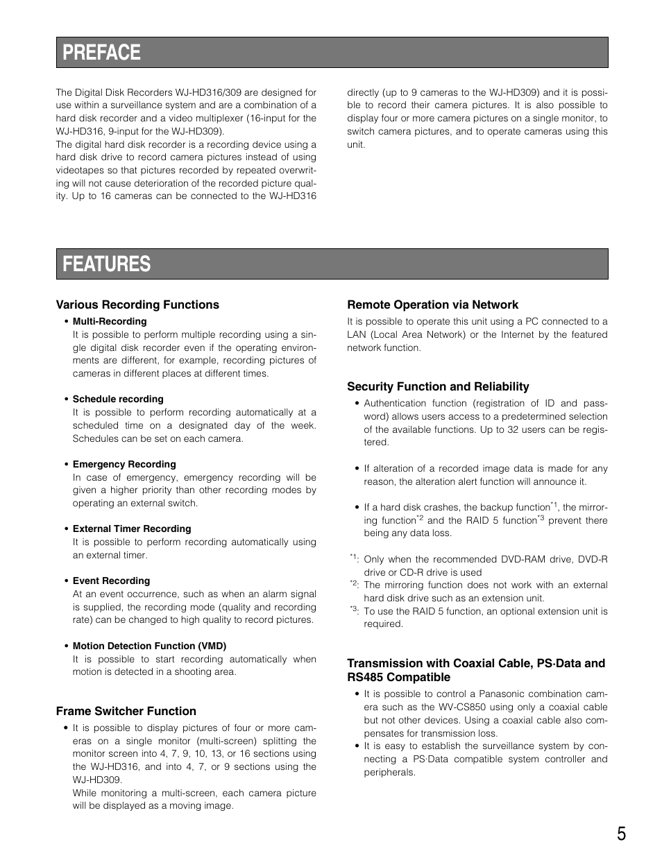 Preface, Features, Preface features | Panasonic WJ-HD316 User Manual | Page 5 / 160