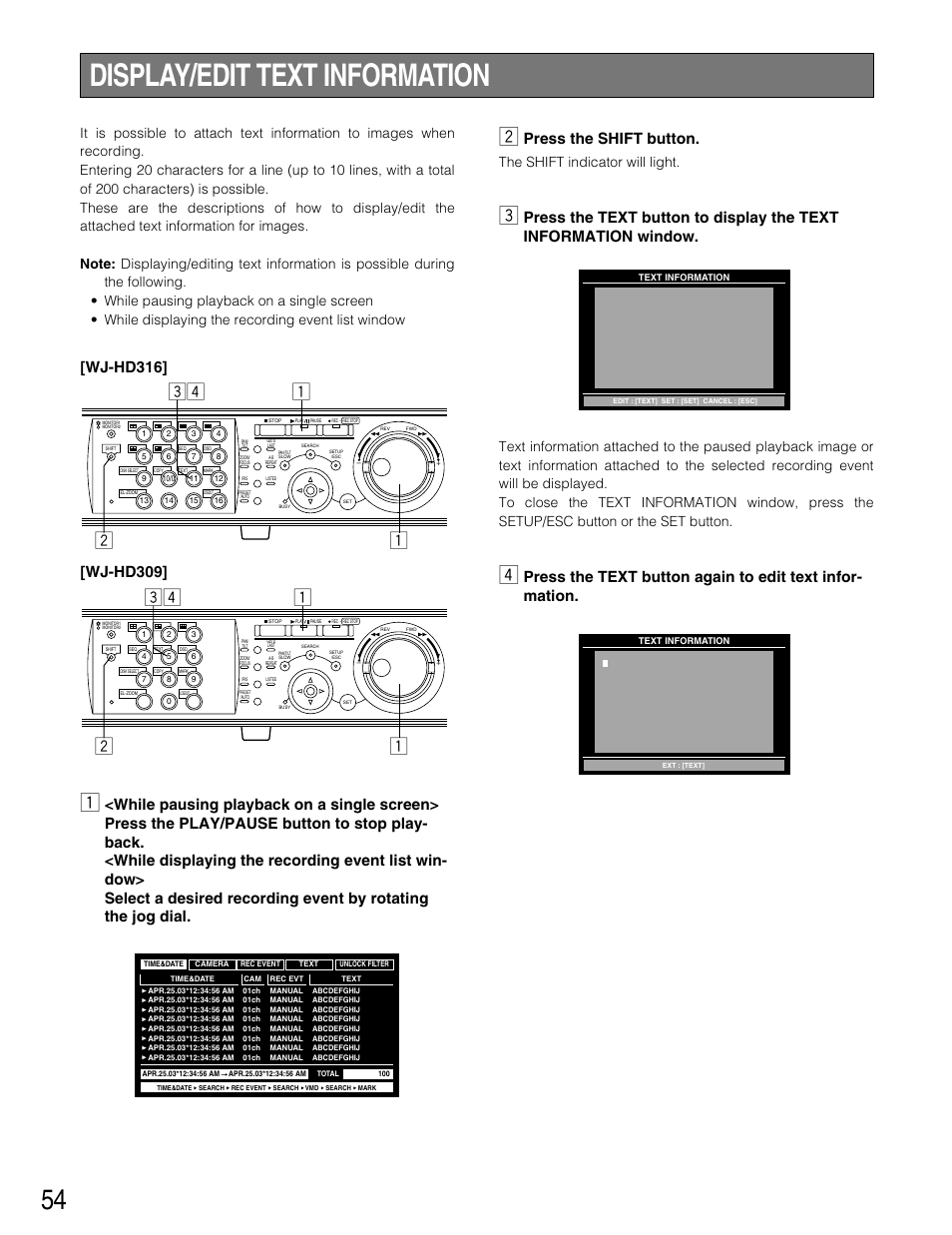 Display/edit text information, Press the shift button, Wj-hd316 | Wj-hd309, The shift indicator will light | Panasonic WJ-HD316 User Manual | Page 54 / 160