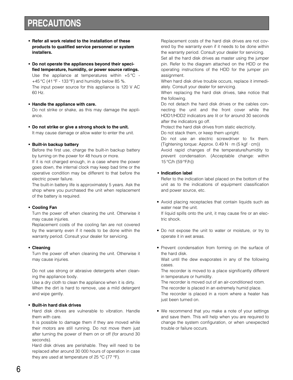 Precautions | Panasonic WJ-HD316 User Manual | Page 6 / 160