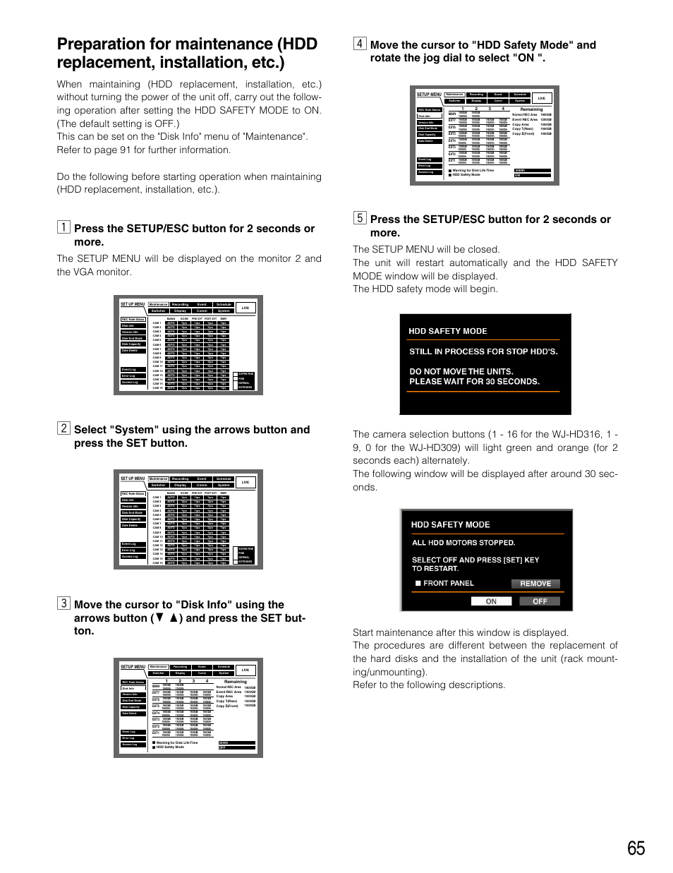 Preparation for maintenance, Operating the unit for the first time, Press the setup/esc button for 2 seconds or more | Panasonic WJ-HD316 User Manual | Page 65 / 160