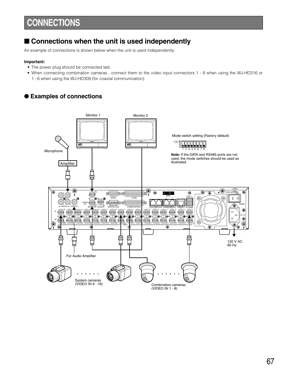 Connections, Connections when the unit is, Connections when the unit is used independently | Examples of connections, Amplifier | Panasonic WJ-HD316 User Manual | Page 67 / 160