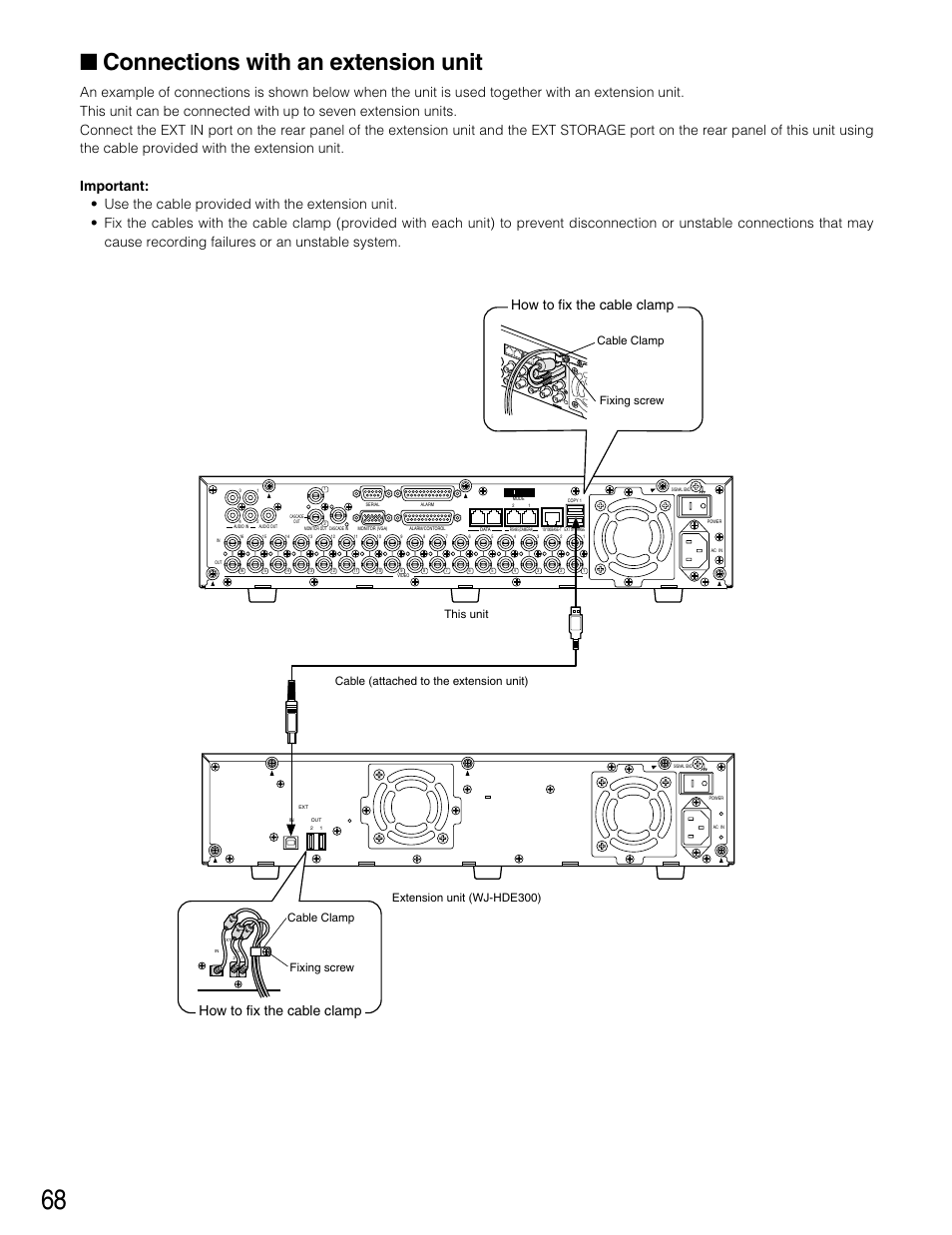 Connections with an extensio, Connections when the unit is used, Independently | Connections with an extension unit, How to fix the cable clamp, Cable clamp fixing screw | Panasonic WJ-HD316 User Manual | Page 68 / 160