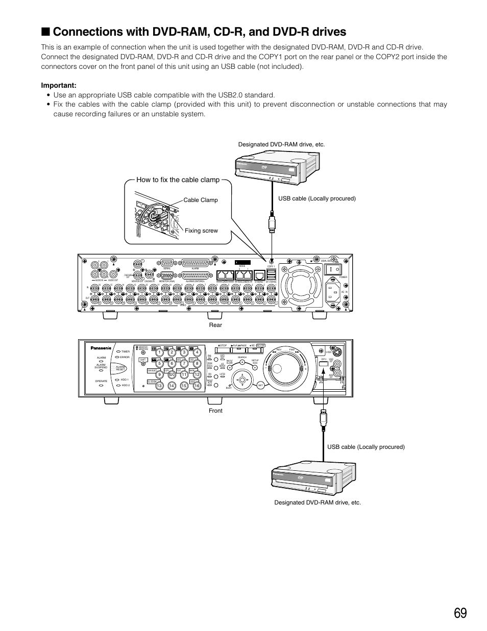 Connections with dvd-ram, cd, Connections with dvd-ram, cd-r, and, Dvd-r drives | Connections with dvd-ram, cd-r, and dvd-r drives, R o m, How to fix the cable clamp, Cable clamp fixing screw | Panasonic WJ-HD316 User Manual | Page 69 / 160