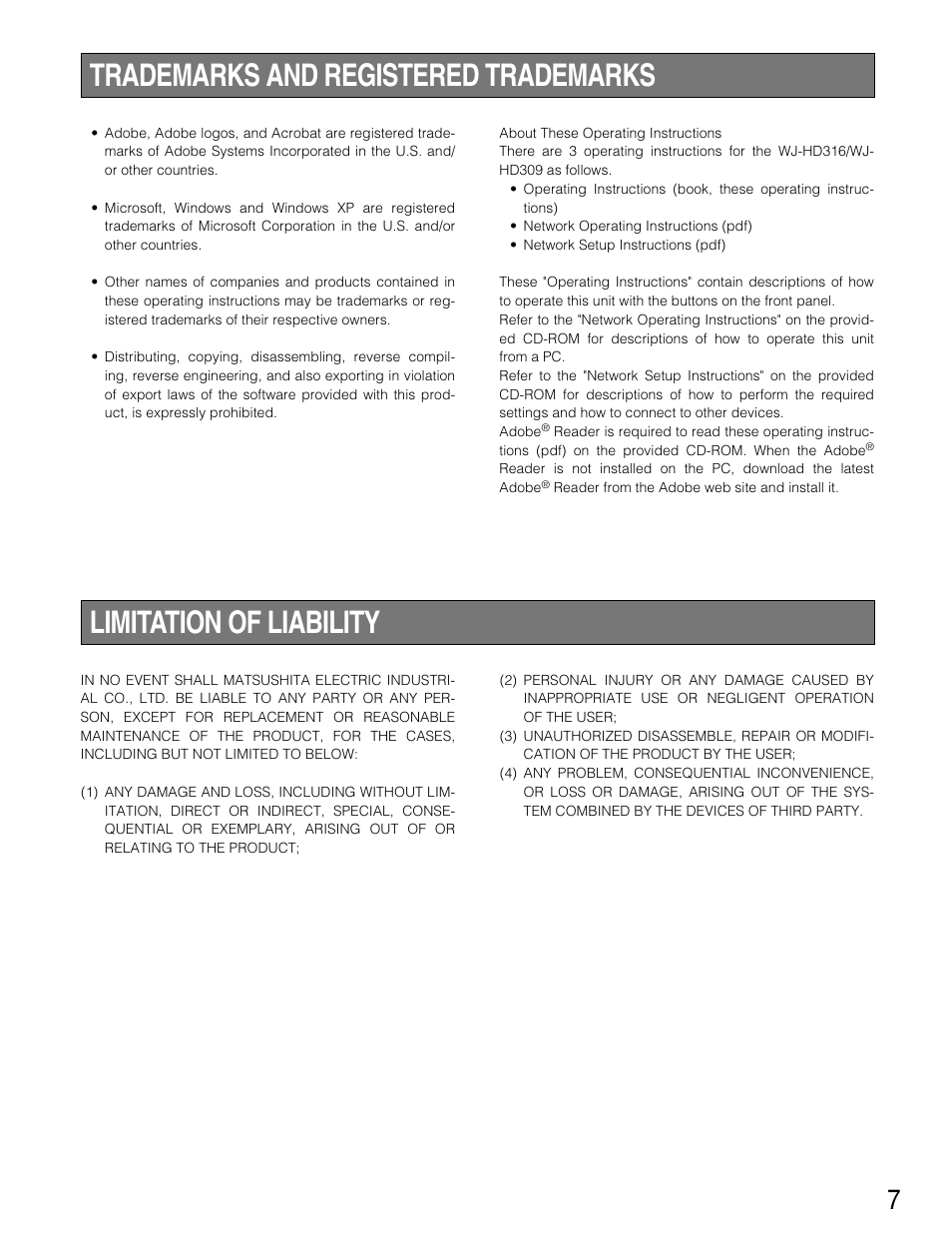 Trademarks and registered t, Limitation of liability, Trademarks and registered trademarks | Panasonic WJ-HD316 User Manual | Page 7 / 160