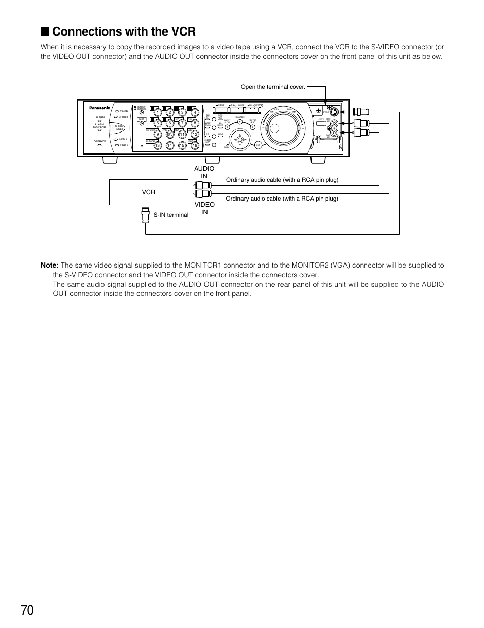 Connections with the vcr, Audio in, Video in | Open the terminal cover | Panasonic WJ-HD316 User Manual | Page 70 / 160