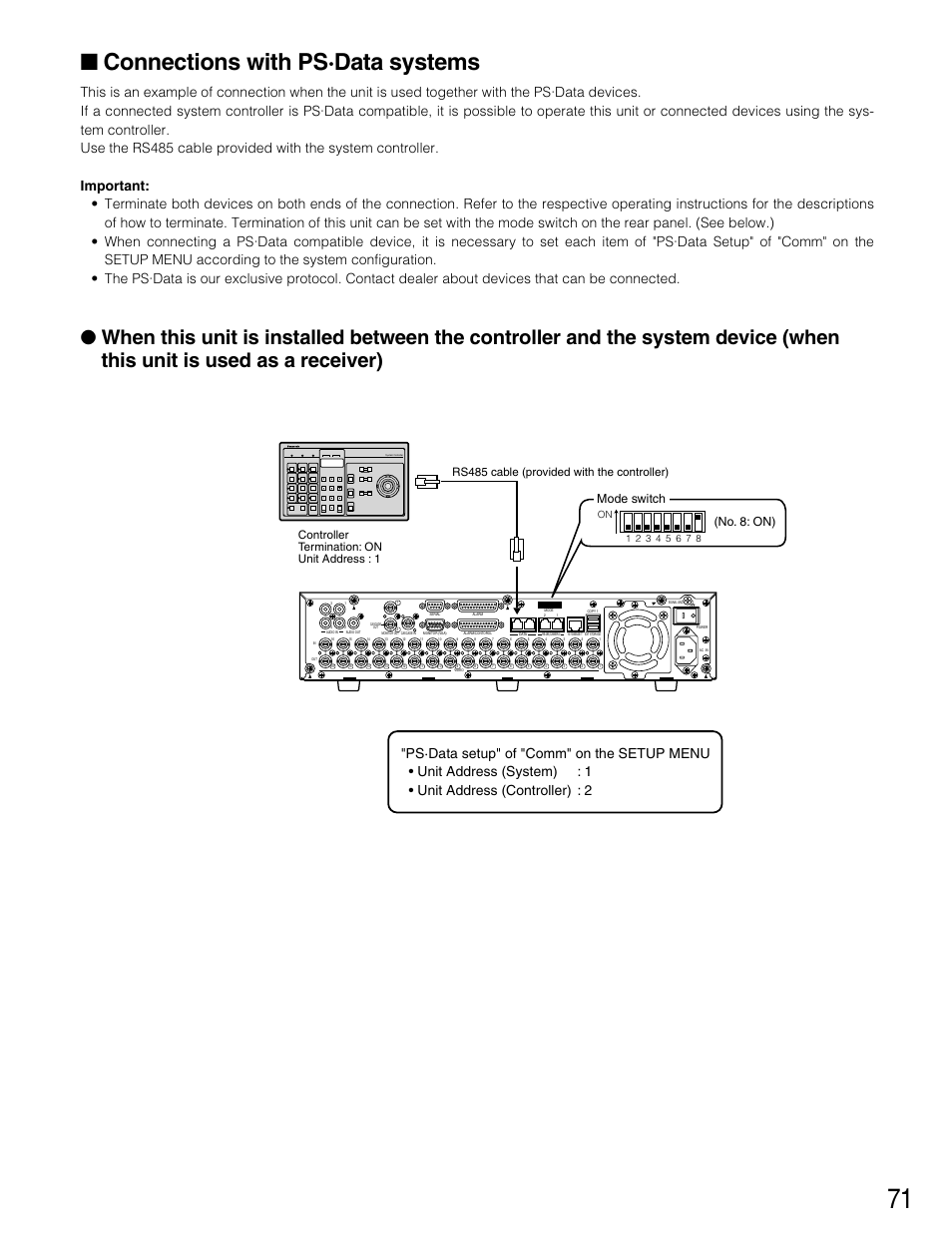 Connections with psádata sys, Connections with ps·data systems, Mode switch (no. 8: on) | Panasonic WJ-HD316 User Manual | Page 71 / 160