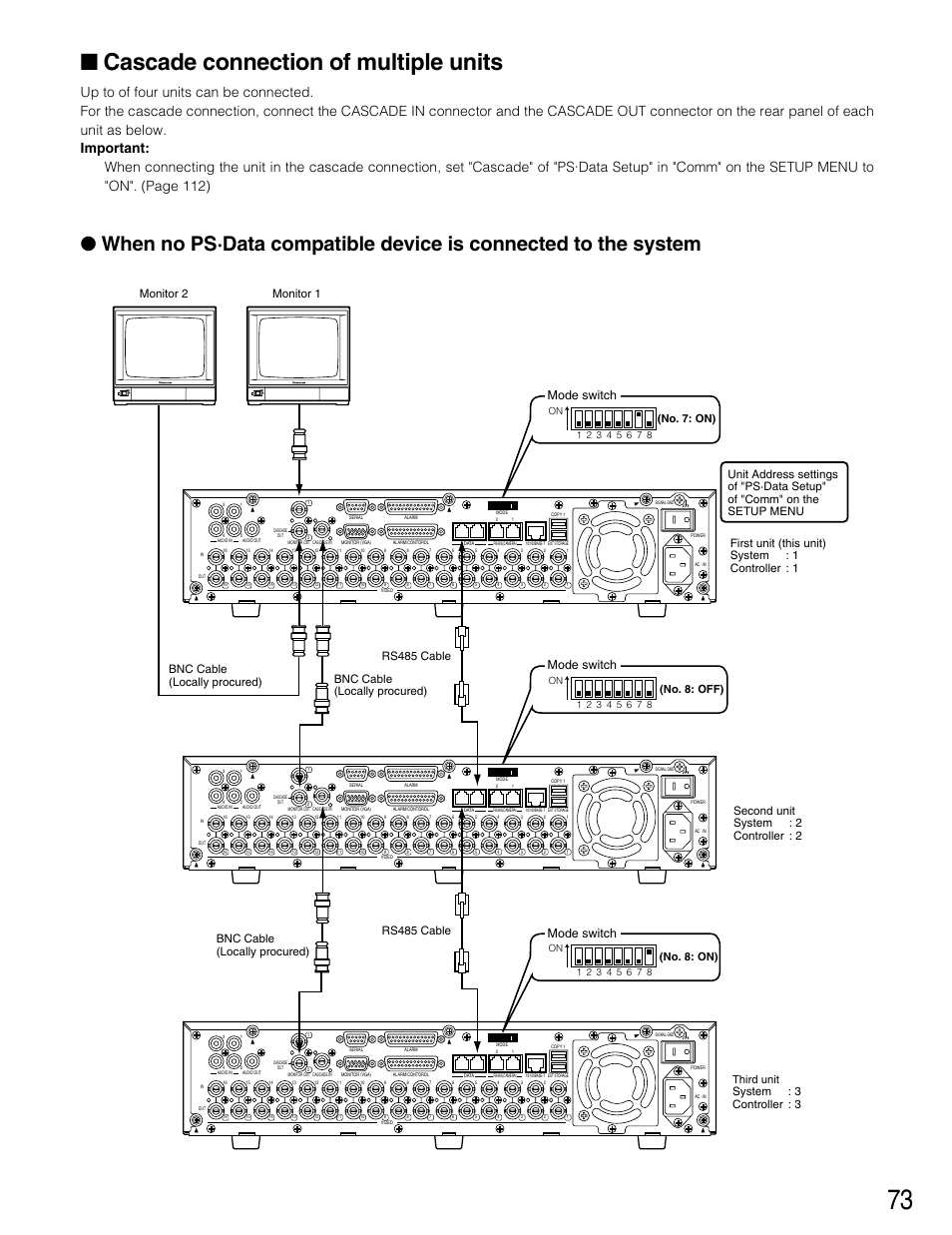 Cascade connection of multip, Cascade connection of multiple units, Mode switch | No. 7: on), No. 8: off), No. 8: on) | Panasonic WJ-HD316 User Manual | Page 73 / 160