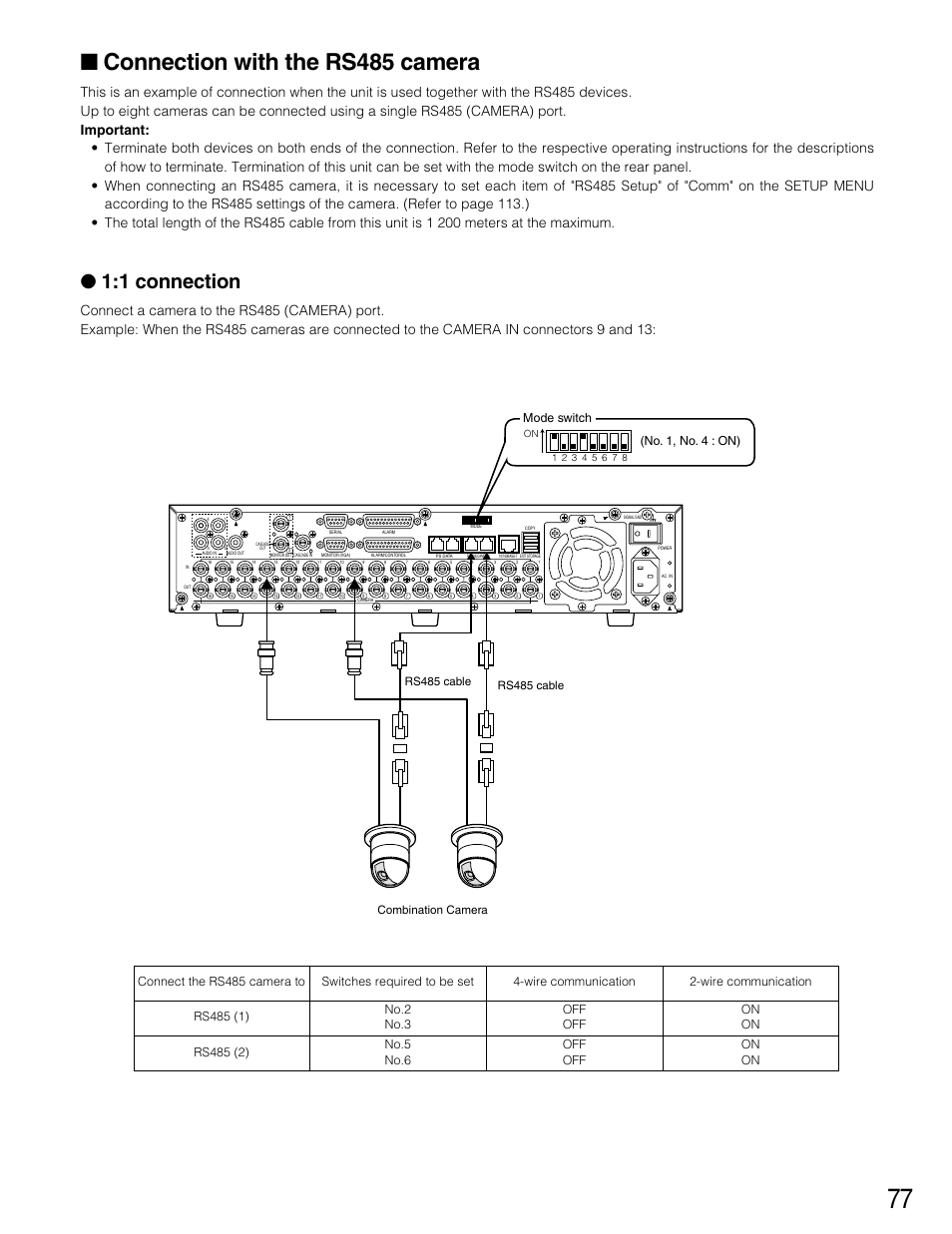 Connection with the rs485 ca, Connection with the rs485 camera, 1 connection | Mode switch (no. 1, no. 4 : on), Rs485 cable, Combination camera | Panasonic WJ-HD316 User Manual | Page 77 / 160