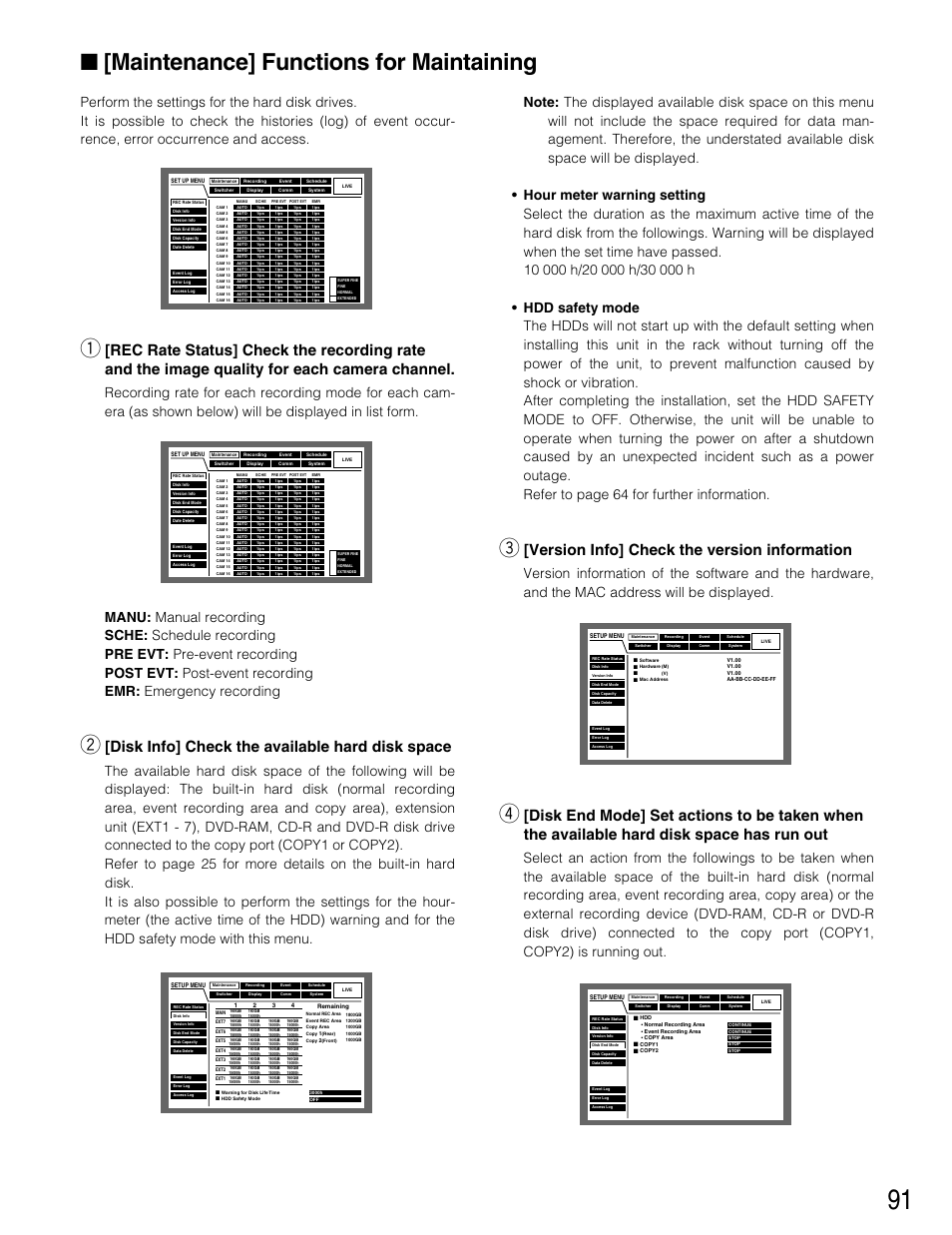Maintenance] functions for, Maintenance] functions for maintaining, Disk info] check the available hard disk space | Version info] check the version information | Panasonic WJ-HD316 User Manual | Page 91 / 160