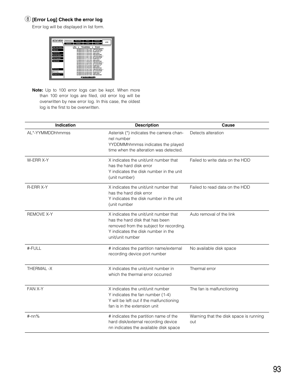 Error log] check the error log | Panasonic WJ-HD316 User Manual | Page 93 / 160