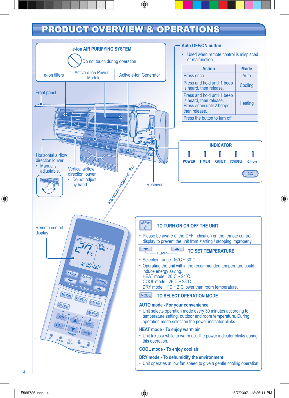 Product overview & operations | Panasonic CU-E7GKR User Manual | Page 4 / 8