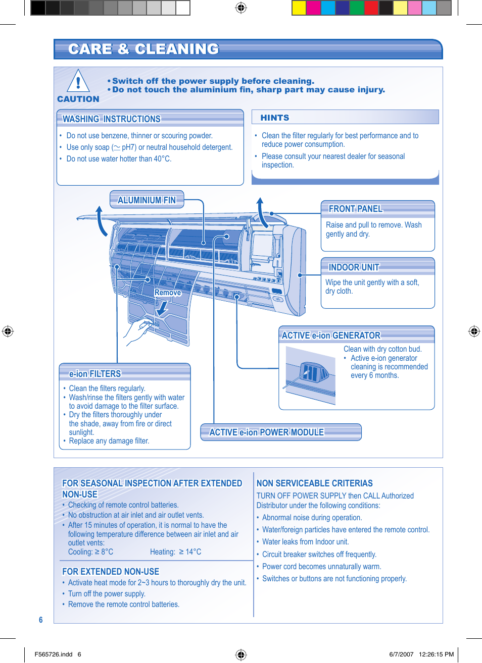 Care & cleaning | Panasonic CU-E7GKR User Manual | Page 6 / 8