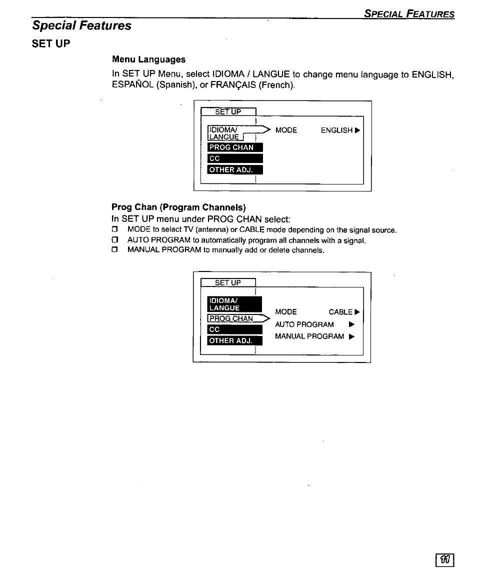 Setup, Menu languages, Prog chan (program channels) | In set up menu under prog chan select, Special features, Special f | Panasonic CT-27D10U User Manual | Page 13 / 36