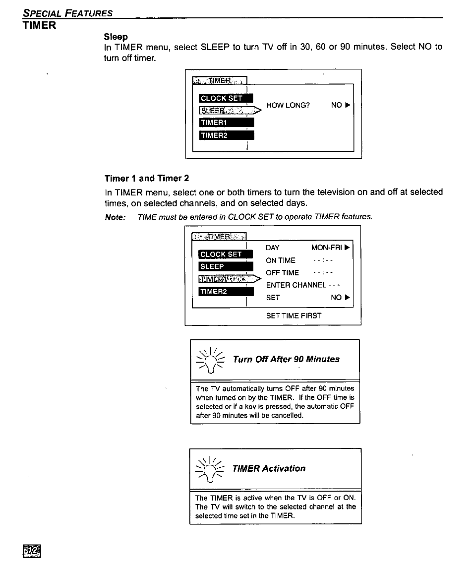 Timer, Sleep, Timer 1 and timer 2 | Timer 1 and timer2 | Panasonic CT-27D10U User Manual | Page 14 / 36