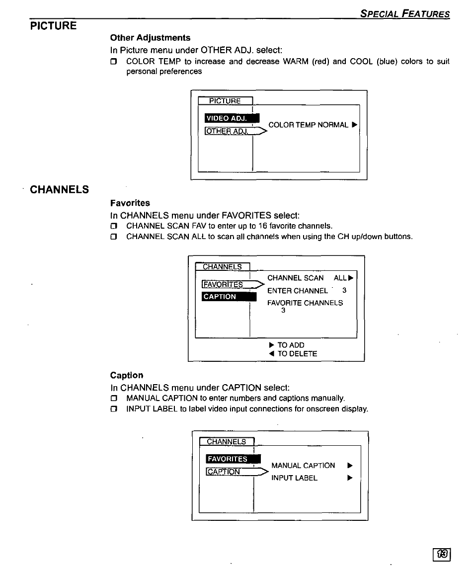 Picture, Other adjustments, Channels | Favorites, Caption | Panasonic CT-27D10U User Manual | Page 15 / 36