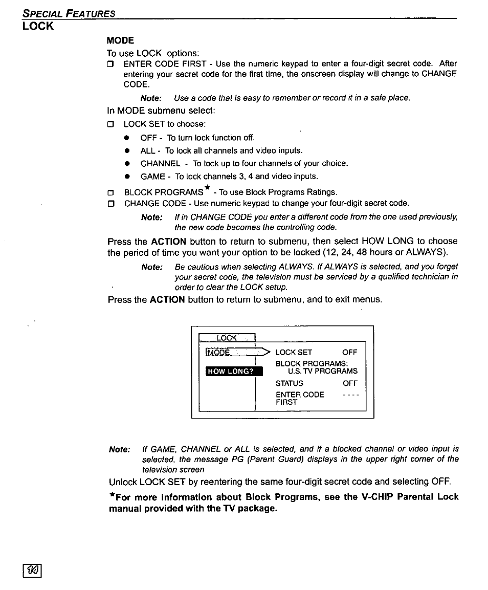 Lock, Mode | Panasonic CT-27D10U User Manual | Page 16 / 36