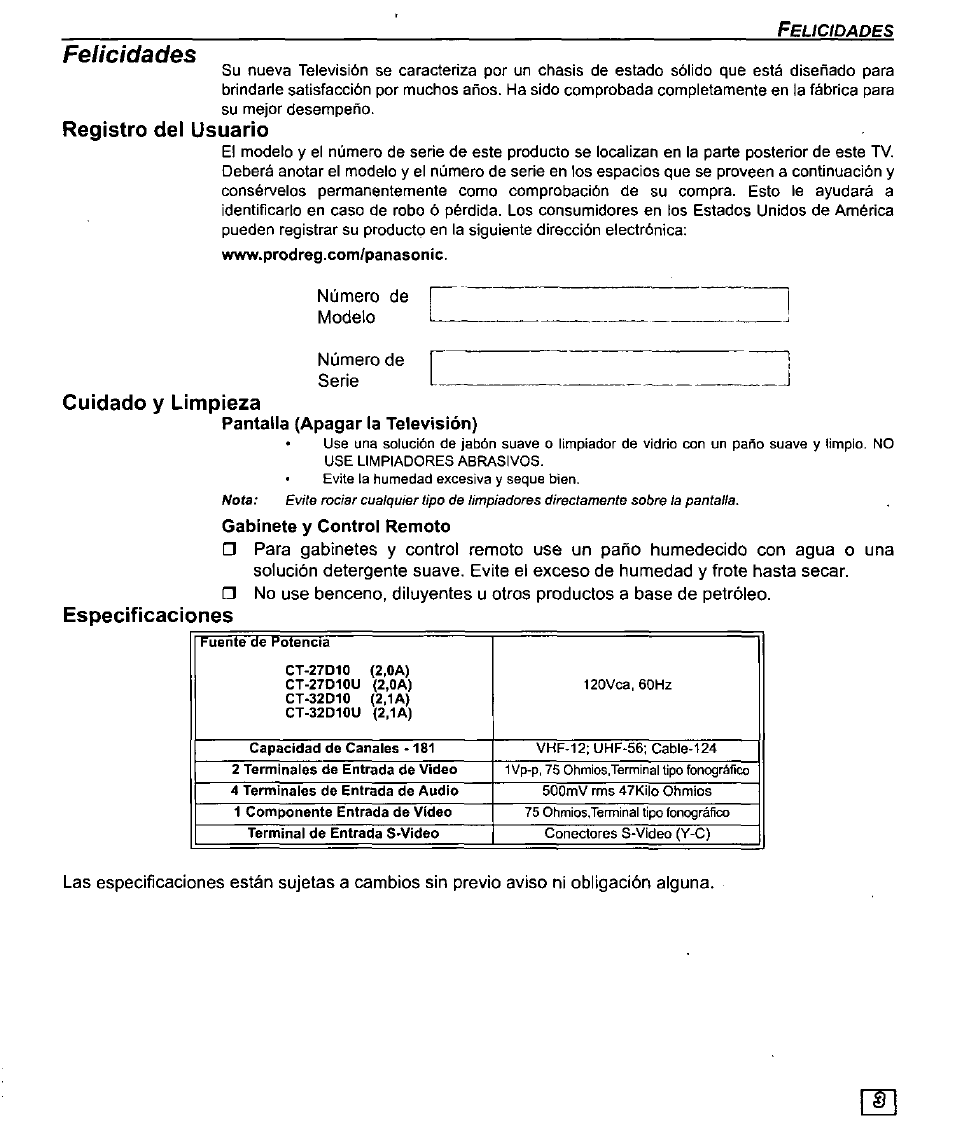 Registro del usuario, Cuidado y limpieza, Registro del usuario cuidado y limpieza | Felicidades, Especificaciones, Pantalla (apagar la televisión), Gabinete y control remoto | Panasonic CT-27D10U User Manual | Page 23 / 36
