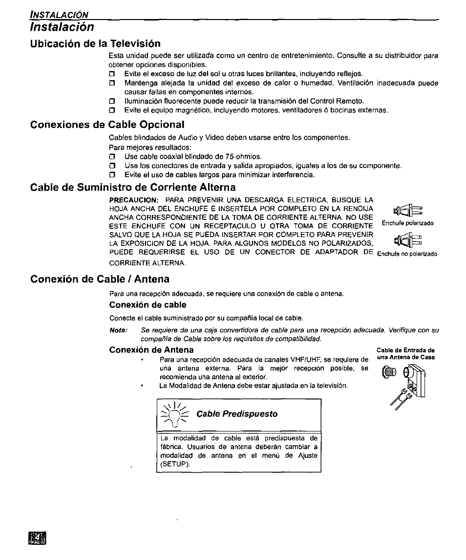 Ubicación de la televisión, Conexiones de cable opcional, Cable de suministro de corriente alterna | Conexión de cable / antena, Conexión de cable, Instalación ubicación de la televisión, Conexión de antena | Panasonic CT-27D10U User Manual | Page 24 / 36