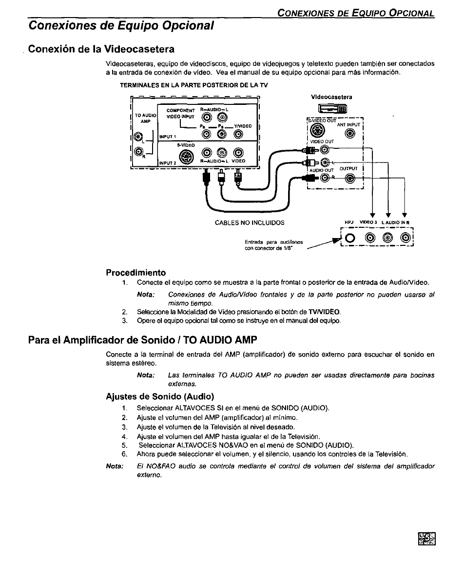 Conexión de la videocasetera, Procedimiento, Para el amplificador de sonido / to audio amp | Ajustes de sonido (audio), Conexiones de equipo opcional, O ® ® @1 | Panasonic CT-27D10U User Manual | Page 25 / 36