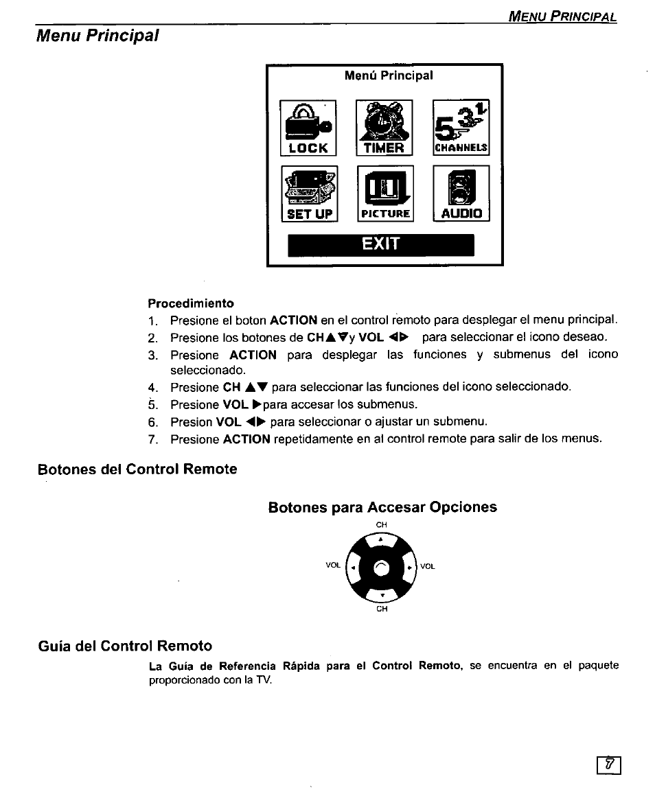Procedimiento, Botones del control remote, Botones para accesar opciones | Guia del control remoto, Botones del control remoto, Guía del control remoto, Fli el b | Panasonic CT-27D10U User Manual | Page 27 / 36