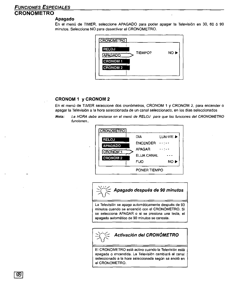 Cronometro, Apagado, Cronom 1 ycronom2 | Panasonic CT-27D10U User Manual | Page 32 / 36