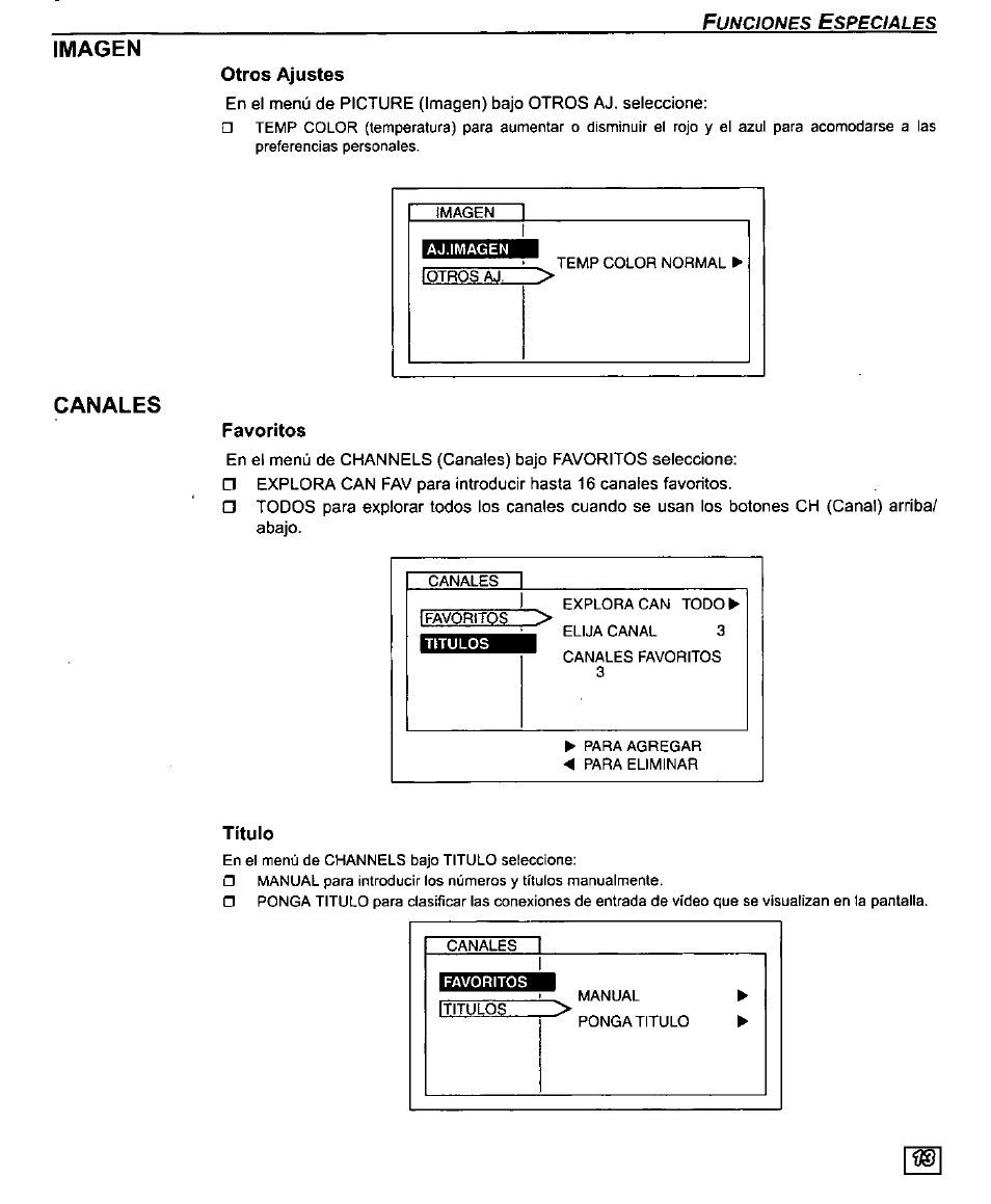Imagen, Canales, Otros ajustes | Favoritos, Título, Mruloa | Panasonic CT-27D10U User Manual | Page 33 / 36