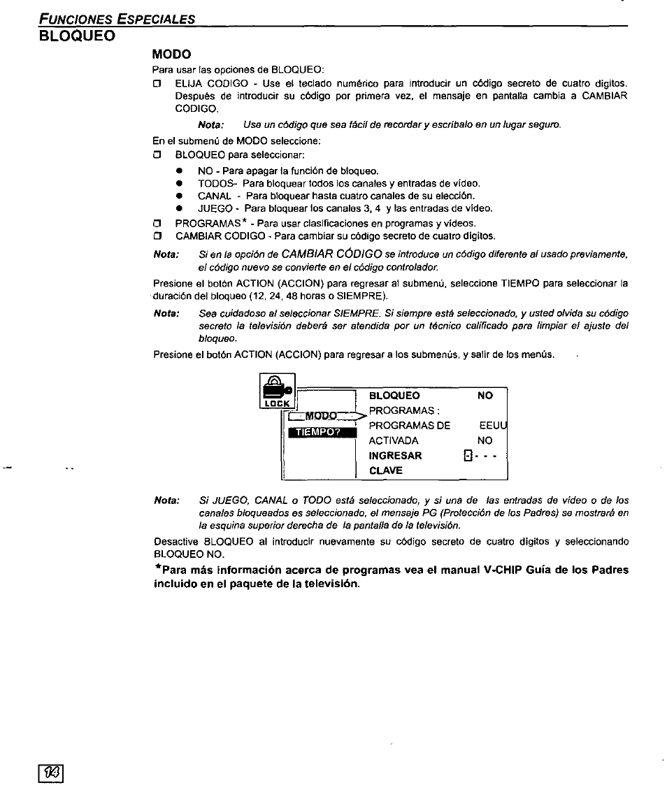 Bloqueo, Modo | Panasonic CT-27D10U User Manual | Page 34 / 36