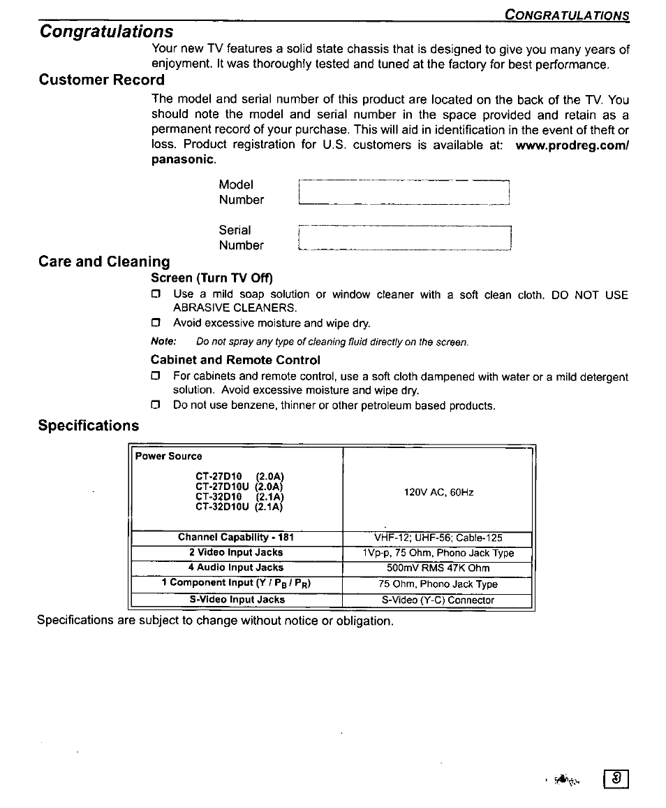 Care and cleaning, Screen (turn tv off), Cabinet and remote control | Specifications, Customer record | Panasonic CT-27D10U User Manual | Page 5 / 36