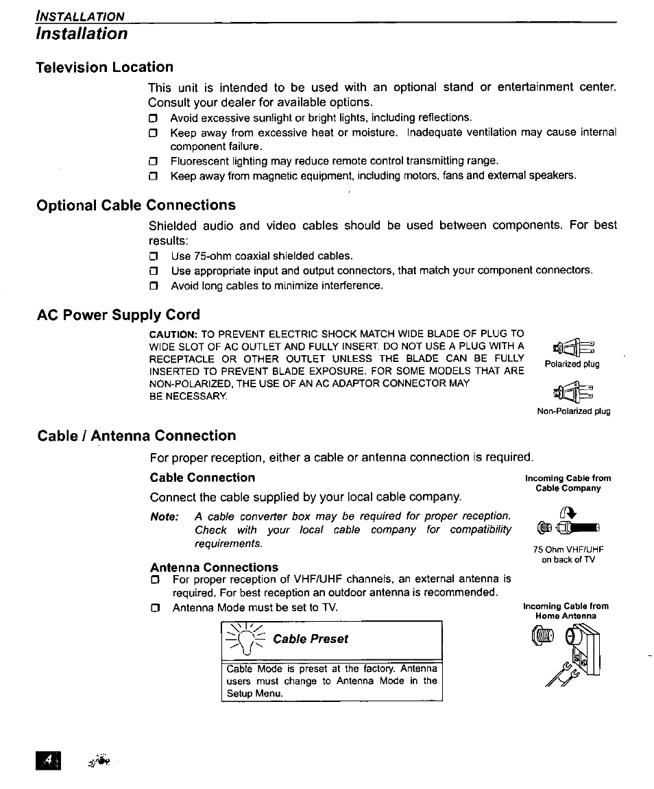 Television location, Optional cable connections, Ac power supply cord | Cable / antenna connection, Cable connection, Antenna connections, Installation | Panasonic CT-27D10U User Manual | Page 6 / 36