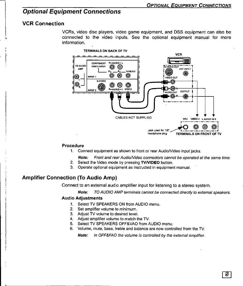 Vcr connection, Procedure, Amplifier connection (to audio amp) | Audio adjustments, Optional equipment connections | Panasonic CT-27D10U User Manual | Page 7 / 36