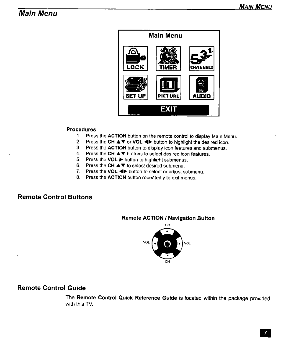 Main menu, Procedures, Remote control buttons | Remote action / navigation button, Remote control guide | Panasonic CT-27D10U User Manual | Page 9 / 36