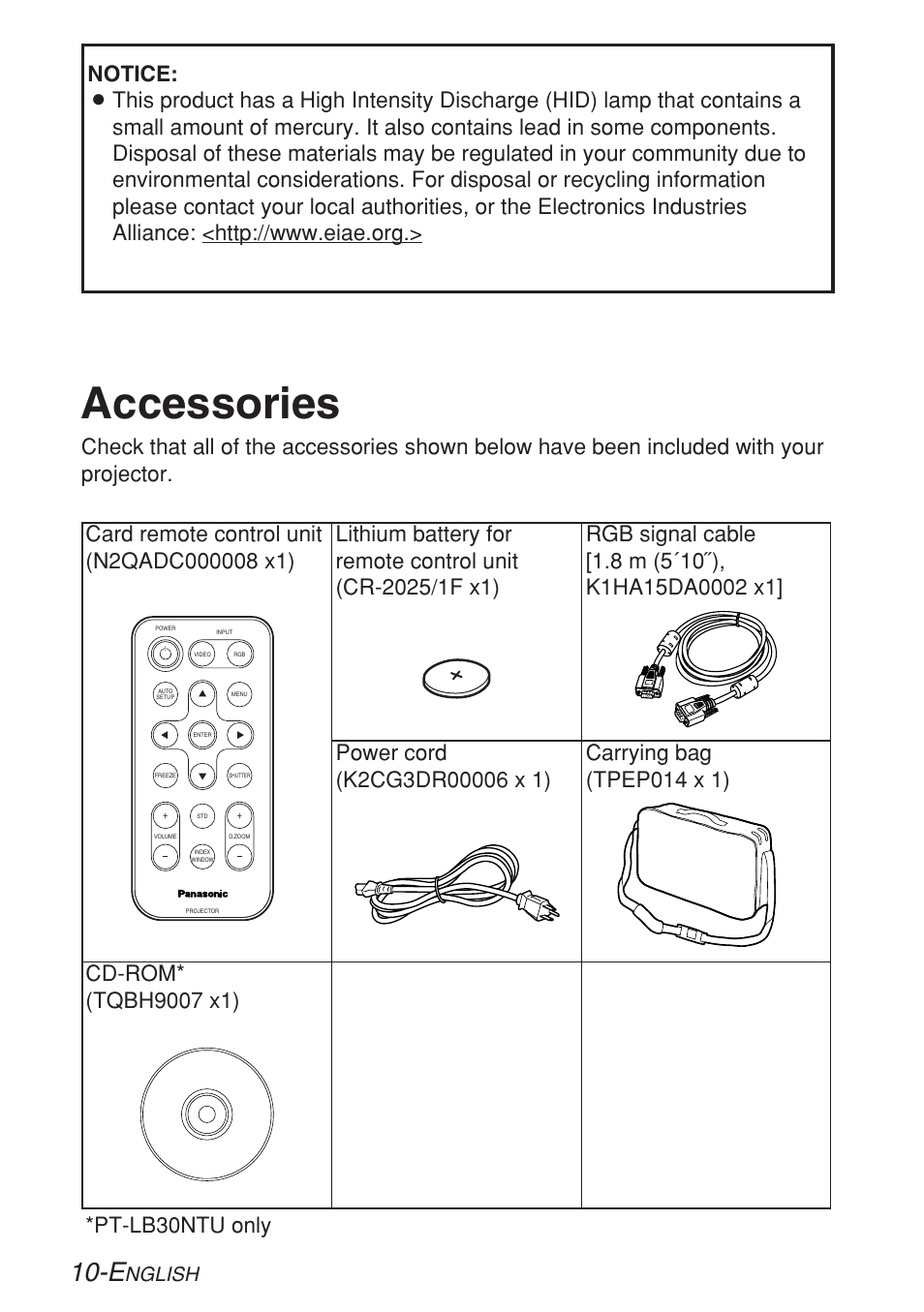 Accessories, Nglish | Panasonic PT-LB30U User Manual | Page 10 / 144