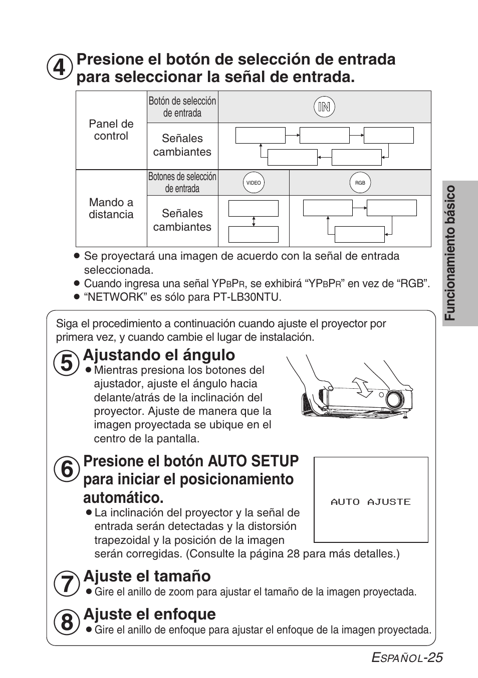 Ajuste el tamaño, Ajuste el enfoque, Ajustando el ángulo | Panasonic PT-LB30U User Manual | Page 101 / 144