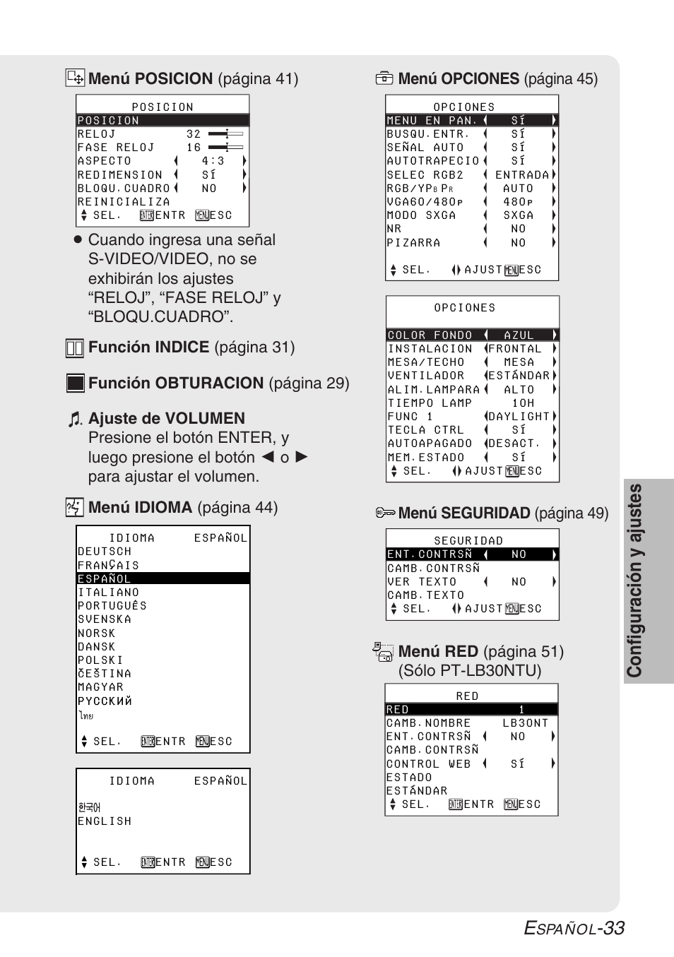 33 configuración y ajustes | Panasonic PT-LB30U User Manual | Page 109 / 144