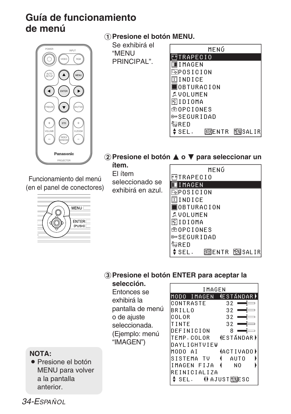Guía de funcionamiento de menú | Panasonic PT-LB30U User Manual | Page 110 / 144
