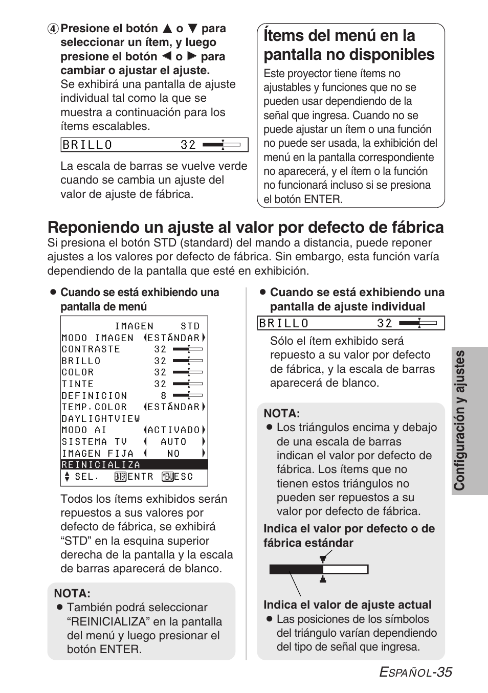 Ítems del menú en la pantalla no disponibles, 35 configuración y ajustes | Panasonic PT-LB30U User Manual | Page 111 / 144